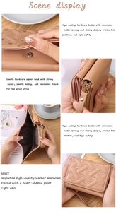 Detailed views of mini faux leather wallet with heart stitching and wrist strap