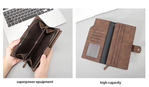 Detail of dark brown long wallet featuring high-capacity card slots and zipper compartment