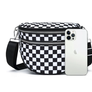 Checkerboard Crossbody Bag Women Canvas Shoulder Chest Pack Double Zipper Adjustable Strap Streetwear Casual Versatile