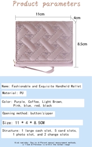 Detailed size specifications of purple PU leather wallet with quilted heart patterns
