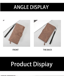 Deep brown textured long wallet with wristlet strap showing front and back views