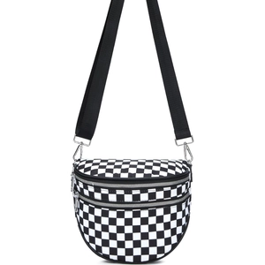 Waterproof checkerboard crossbody bag with dual zippers and adjustable nylon strap
