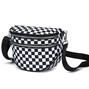 Waterproof checkerboard crossbody bag with multi-zipper compartments and nylon strap