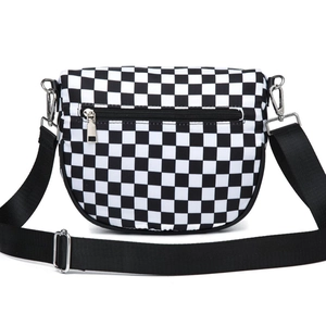 Waterproof nylon crossbody bag featuring a classic black and white checkerboard pattern