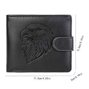 Detailed size specifications for a men's vintage eagle embossed black leather wallet