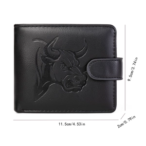 Detailed size chart of men's leather wallet featuring bull head embossed pattern