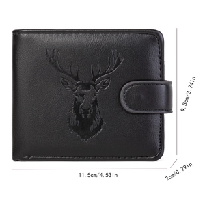 Detailed close-up of a men's bifold PU leather wallet featuring a stag head embossed logo