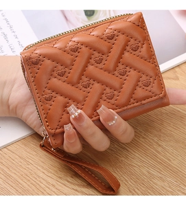 Brown mini quilted coin purse with heart embroidery and golden metal zipper