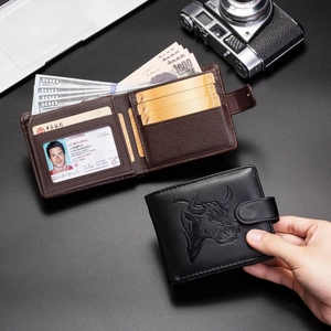 Detailed view of men's leather wallets with embossed bull logo and multi-card slots