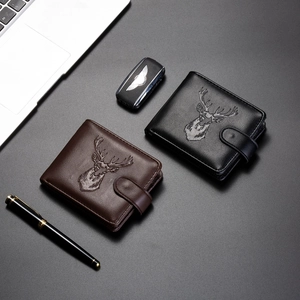 Classic men's bi-fold PU leather wallet with deer head embossing and secure snap closure