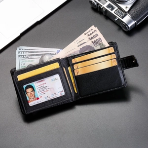 Macro view of black vintage PU leather wallet with card slots and bill compartment