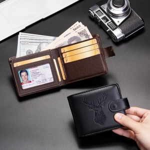 Close-up of men's PU leather wallet interior slots and debossed deer head logo