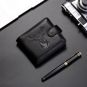 Men Bifold Wallet Lychee Texture PU Leather Snap Button Multi Card Slots Deer Head Embossed Business Casual