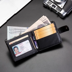 Detailed view of black litchi grain leather wallet with multi-card slots and coin pocket