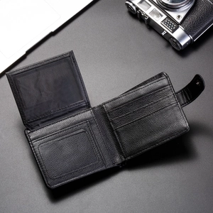 Men's bifold PU leather wallet with snap button closure and multi-card slots design