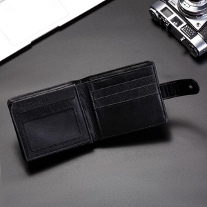 Interior view of black bifold PU leather wallet featuring card slots and a snap fastener