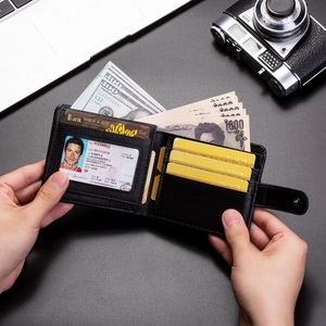 Classic men's black PU leather bifold wallet with multi-card slots and snap button closure