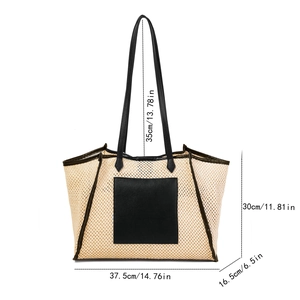 Tableau de dimensions détaillé pour grand sac fourre-tout tissé avec anses et poche
