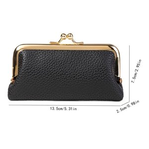 Litchi pattern black PU coin purse with gold clasp detail and size dimensions shown
