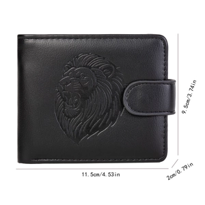 Detailed view of black men's wallet with embossed lion head and specific dimensions