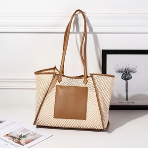 Sac Fourre-tout Tissé Paille Grande Capacité Avec Bordure Cuir PU Sac Épaule Plage Été Pour Femmes Couleur Contrastée