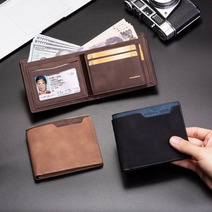Men's bifold frosted leather short wallet with multiple card slots and clear ID window