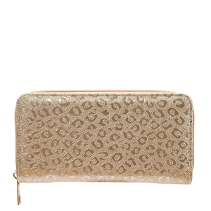 Champagne gold long zip-around wallet for women with embossed leopard pattern