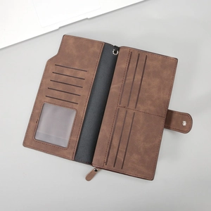 Brown frosted PU leather men's long wallet with multi-card slots and photo window
