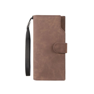 Brown faux leather wallet phone case with magnetic clasp and portable wrist strap