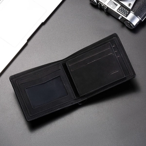 Business style bifold wallet for men showing card slots and ID window in office setting