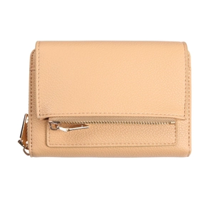 Short apricot faux leather wallet for women with pebble texture and front zipper pocket