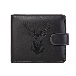 Classic men's short black PU leather wallet with embossed deer logo and buckle closure