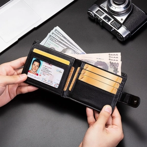 Internal layout of men's leather wallet showing multiple card slots and ID window