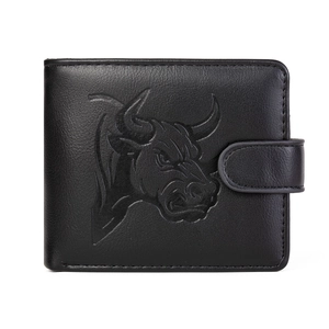 Black leather men wallet with bull head embossing and snap closure on white background