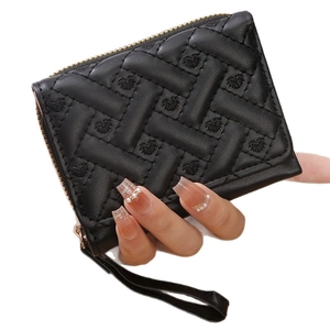 Mini black woven wallet with heart embroidery and gold zipper detail for women