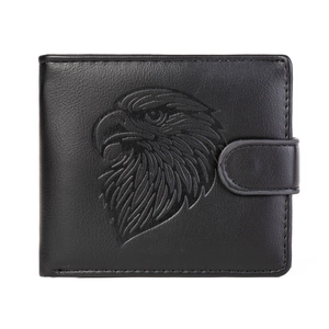 Men's retro black PU leather bifold wallet featuring an embossed eagle head design