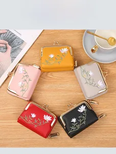 Mini floral embroidered leather wallets with metal clasp in various elegant colors