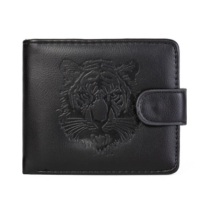 Portefeuille court noir pour homme avec gaufrage tête de tigre et fermeture à boucle