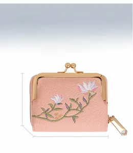 Pink lychee texture leather mini coin purse with floral embroidery and metal frame clasp