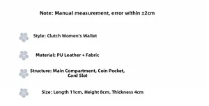 Detailed size chart for compact PU leather wallet with dimensions 11x8x4 cm and card slots