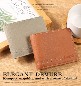 Brown and taupe lychee texture leather bifold wallets with contrast white stitching details