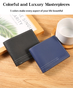 Litchi pattern leather men's wallets in black and blue colors on a wooden table