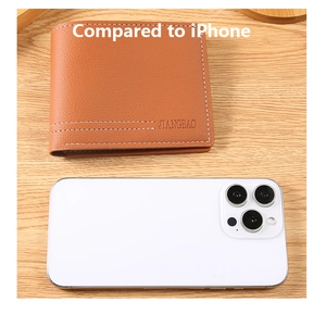 Brown litchi grain bifold wallet shown next to a smartphone for size comparison