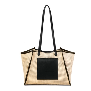 Grand sac cabas en paille avec garnitures en similicuir noir et longues anses pour l'été
