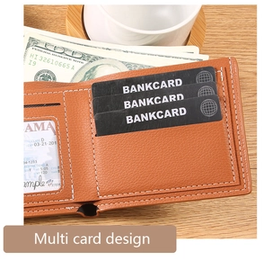 Brown litchi grain leather men's wallet with multi-card slots on a wooden desk