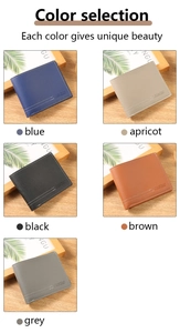 Litchi pattern men's bifold wallets displayed in five classic colors on a wooden surface