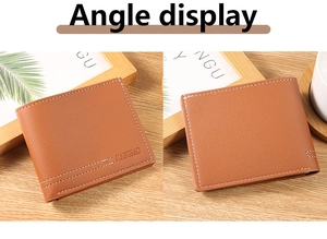 Detailed angle display of brown litchi grain leather bifold wallet with contrast stitching