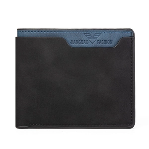 Men's bifold wallet in black and navy blue leather with embossed logo on white background