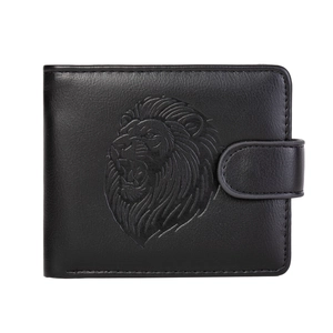 Men's vintage black bifold wallet featuring an embossed lion head and snap button closure