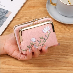 Mini Coin Purse Floral Embroidery Lychee Pattern PVC Leather Kiss-Lock Clasp Zipper Accordion Card Holder For Women
